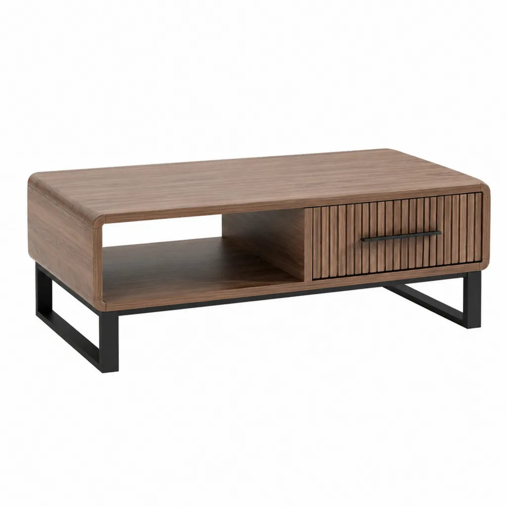 Tavolino da caffe rettangolare con cassetto e vano a giorno 100 x 60 x 40 cm in MDF impiallacciato noce marrone e acciaio nero