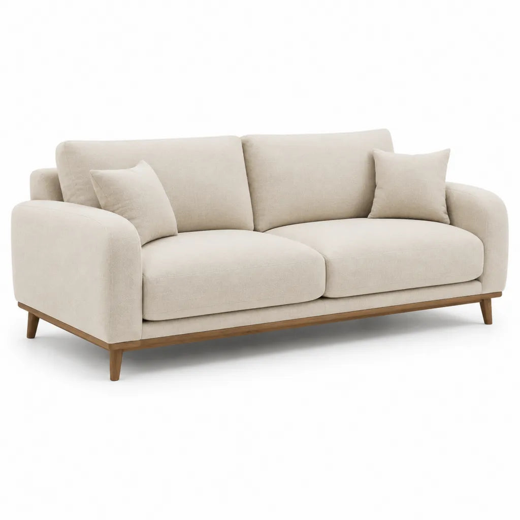 Divano 3 posti imbottito in poliestere beige con struttura in legno massello 220 x 92 x 85 cm