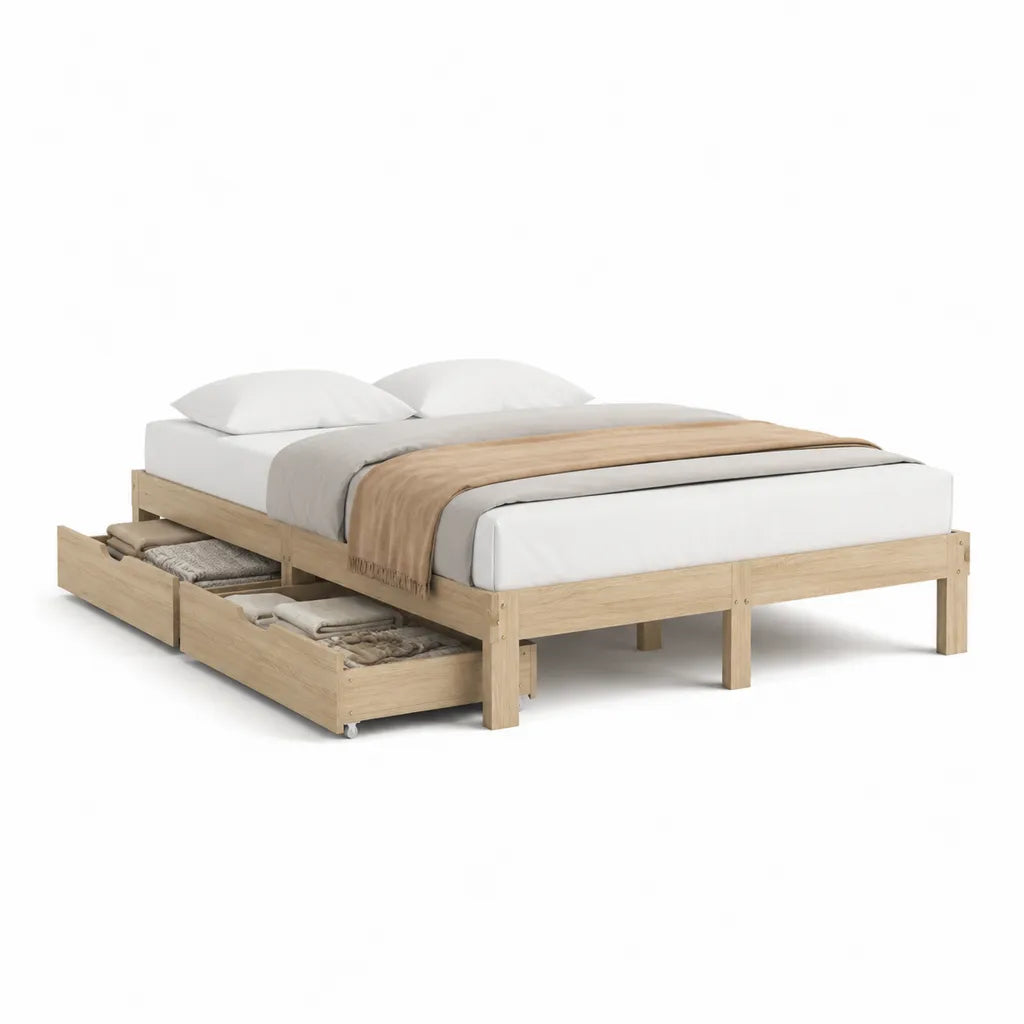 Letto matrimoniale con 2 cassetti estraibili in legno massello di pino rettangolare naturale 160 x 200 cm
