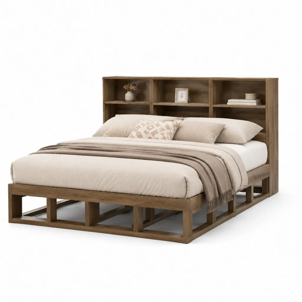 Letto matrimoniale con libreria integrata per materasso 160 x 200 cm in MDF effetto noce marrone