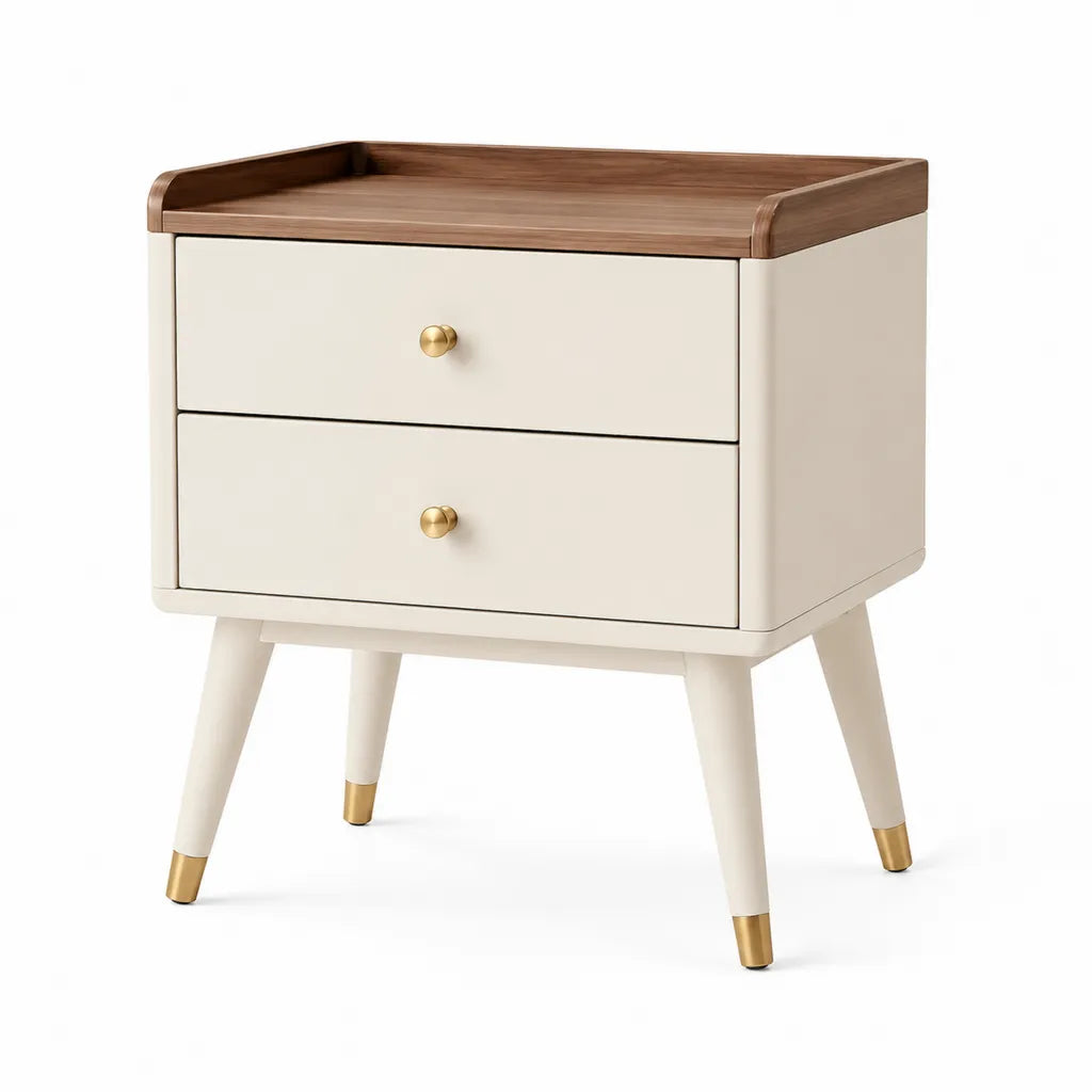 Comodino rettangolare a 2 cassetti in MDF impiallacciato noce avorio 50 x 40 x 60 cm