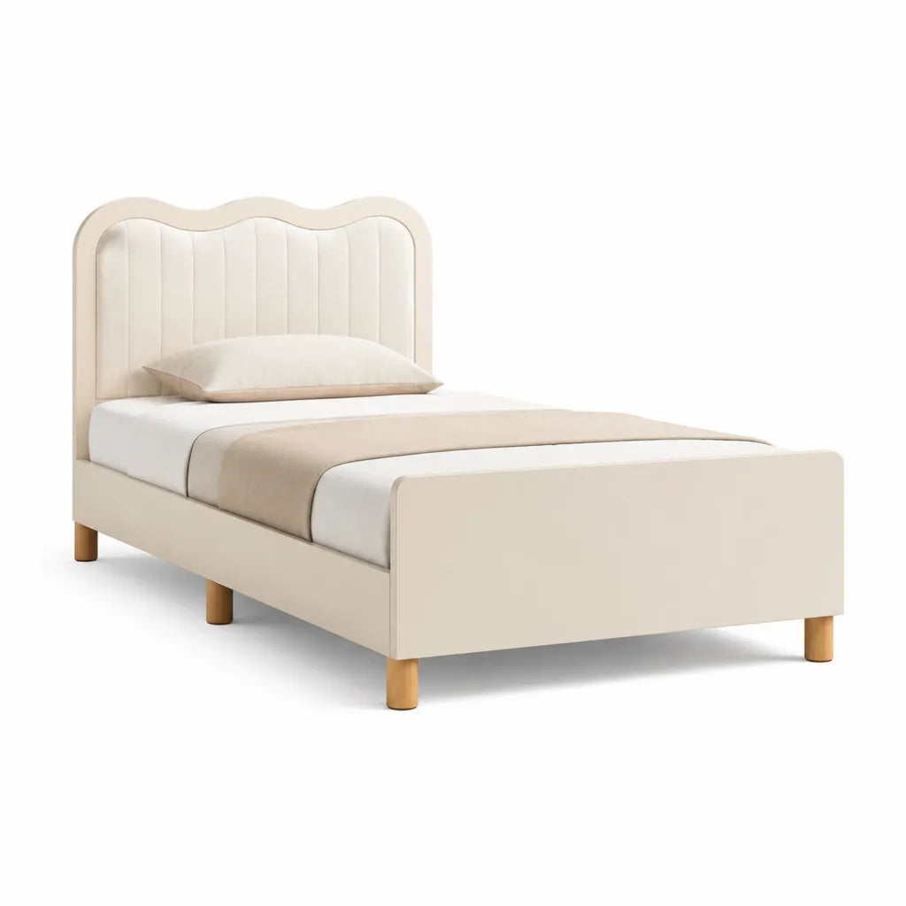 Letto singolo imbottito 90 x 200 cm in poliestere beige con testiera ondulata e gambe in legno massello