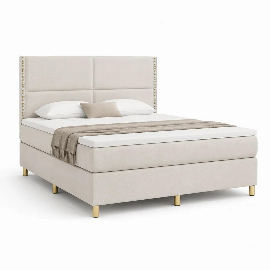 Letto matrimoniale imbottito 160 x 200 cm con testiera rettangolare in poliestere beige