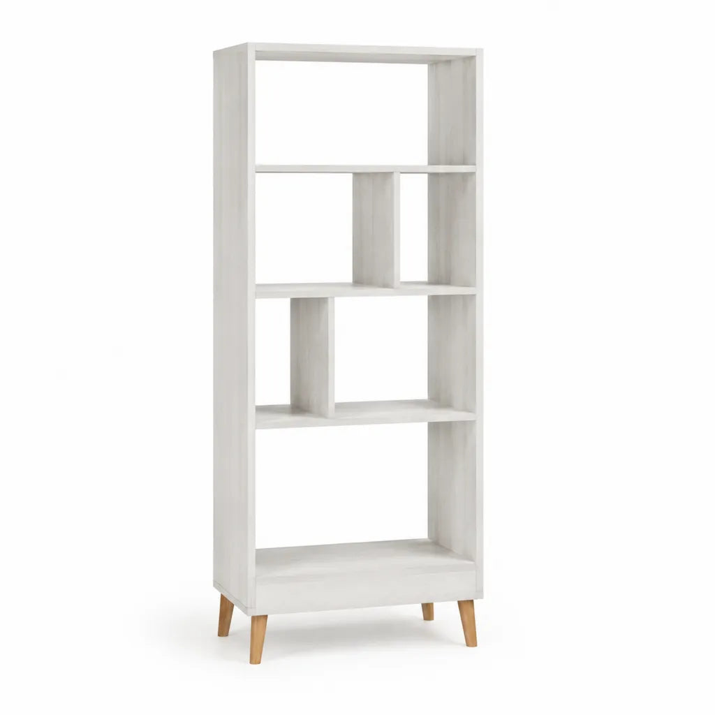 Libreria alta a giorno 80 x 35 x 190 cm in truciolare bianco con gambe in pino rettangolare