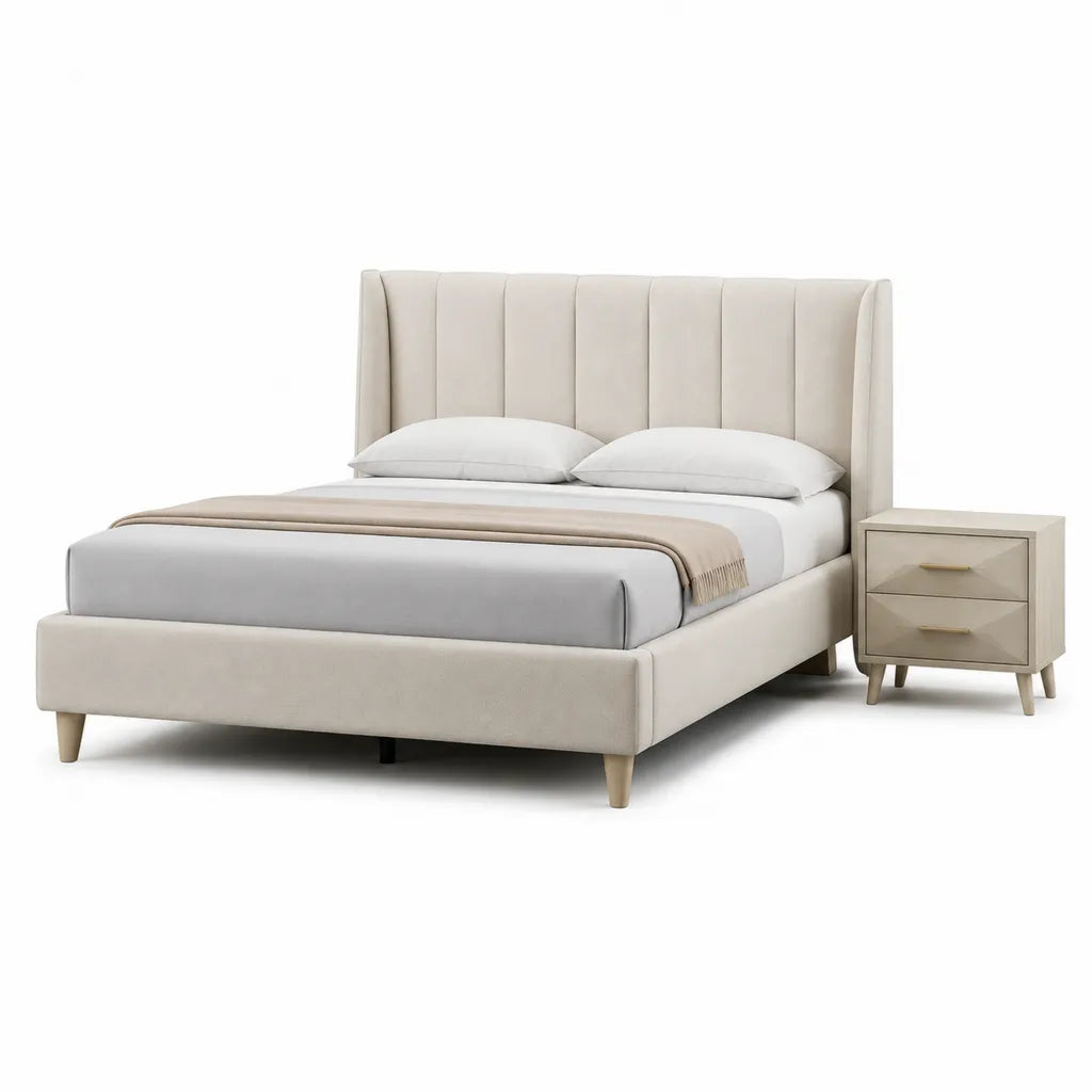 Letto matrimoniale imbottito con comodino 160 x 200 cm in poliestere beige