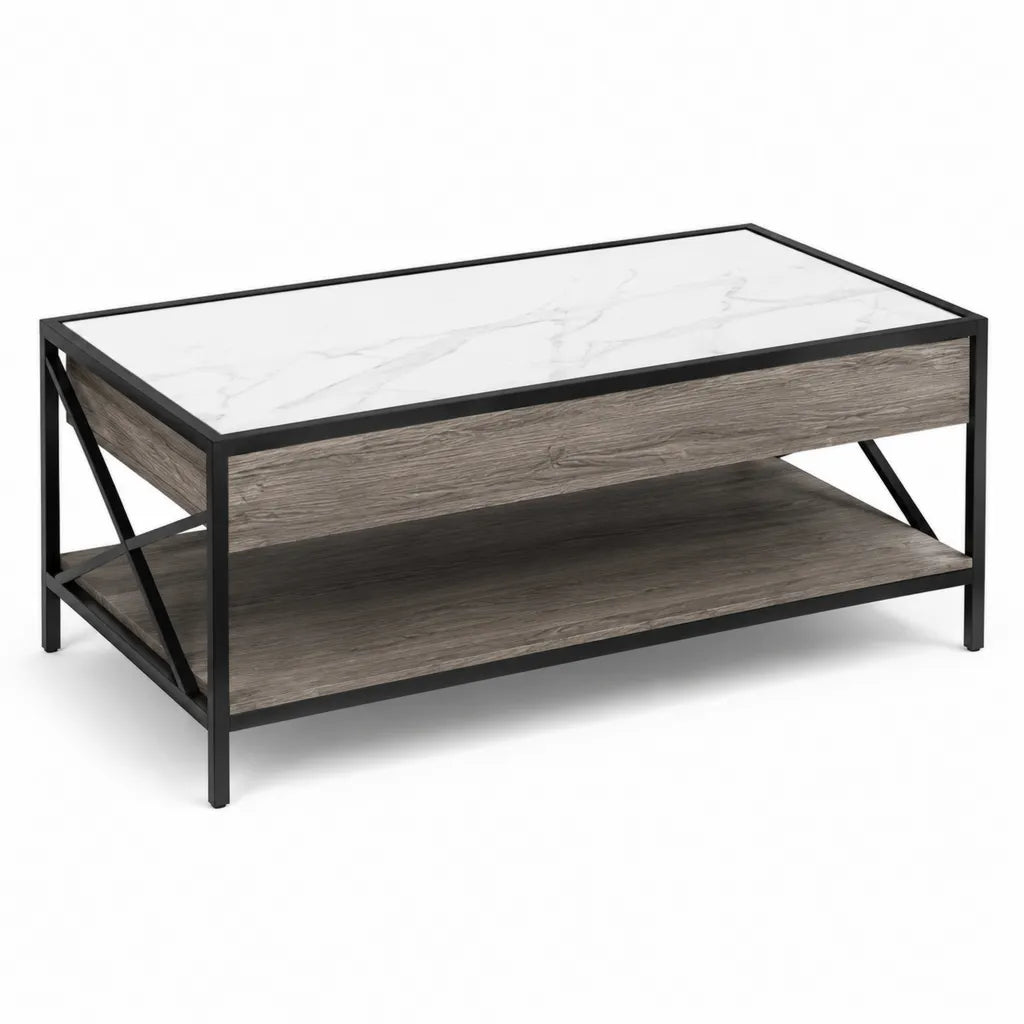 Tavolino da caffe rettangolare 100 x 50 x 45 cm in MDF effetto marmo bianco con struttura in acciaio nero e ripiano grigio