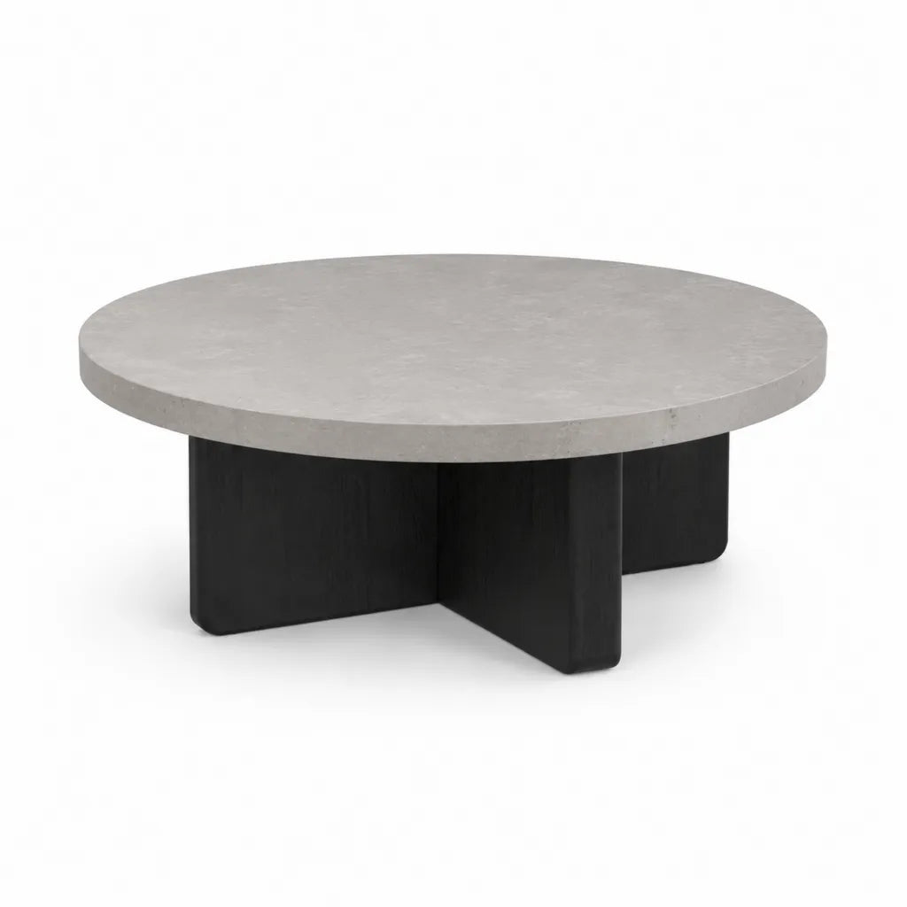 Tavolino da caffe rotondo O90 cm in MDF effetto cemento grigio con base nera