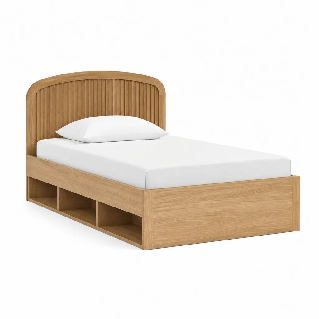 Letto singolo con vano contenitore in MDF impiallacciato rovere naturale 90 x 190 cm