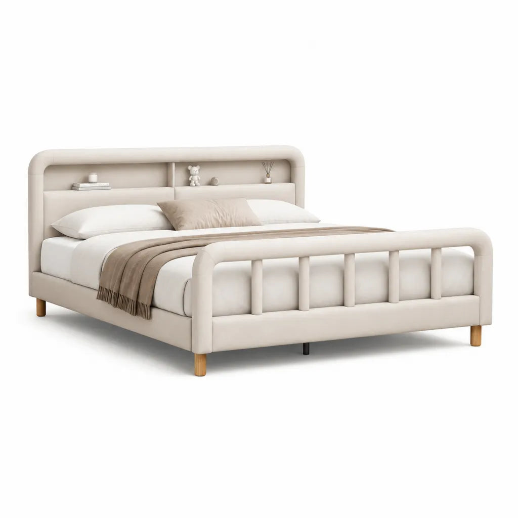 Letto matrimoniale imbottito rettangolare 160 x 200 cm in poliestere beige con testiera a ripiani e pediera a barre verticali
