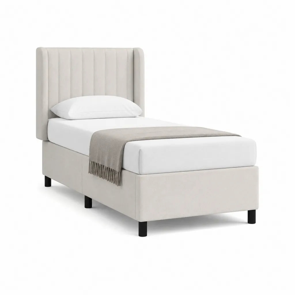 Letto singolo imbottito 90 x 200 cm in poliestere beige con testiera rettangolare