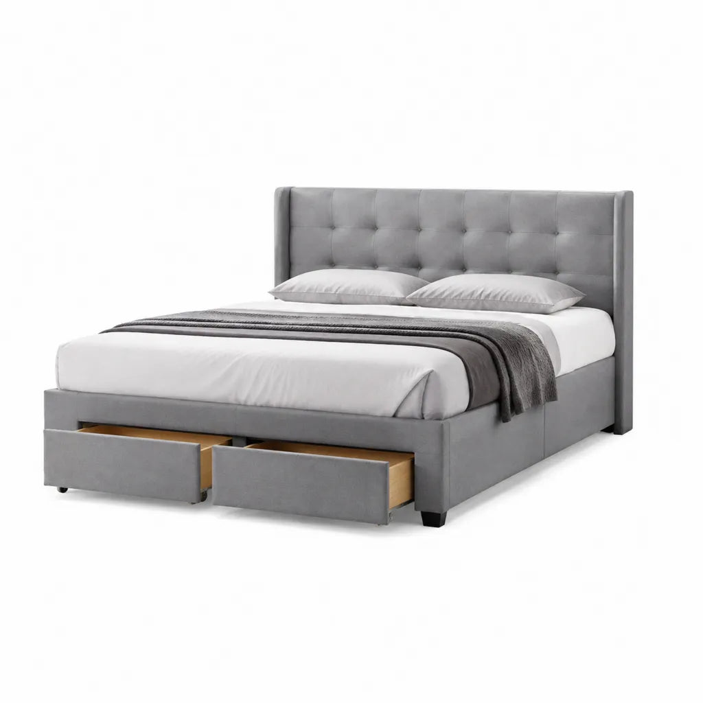 Letto matrimoniale contenitore 160 x 200 cm in poliestere grigio con testiera imbottita e 2 cassetti