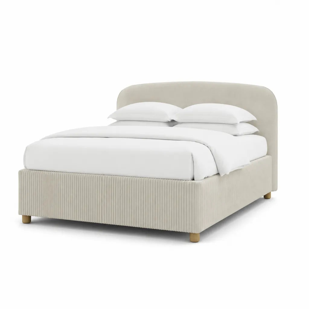 Letto matrimoniale imbottito 160 x 200 cm in poliestere a coste beige con testiera arrotondata