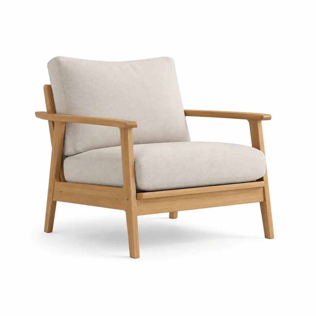 Poltrona da soggiorno imbottita con braccioli in legno massello di caucciu beige naturale 76 x 70 x 78 cm