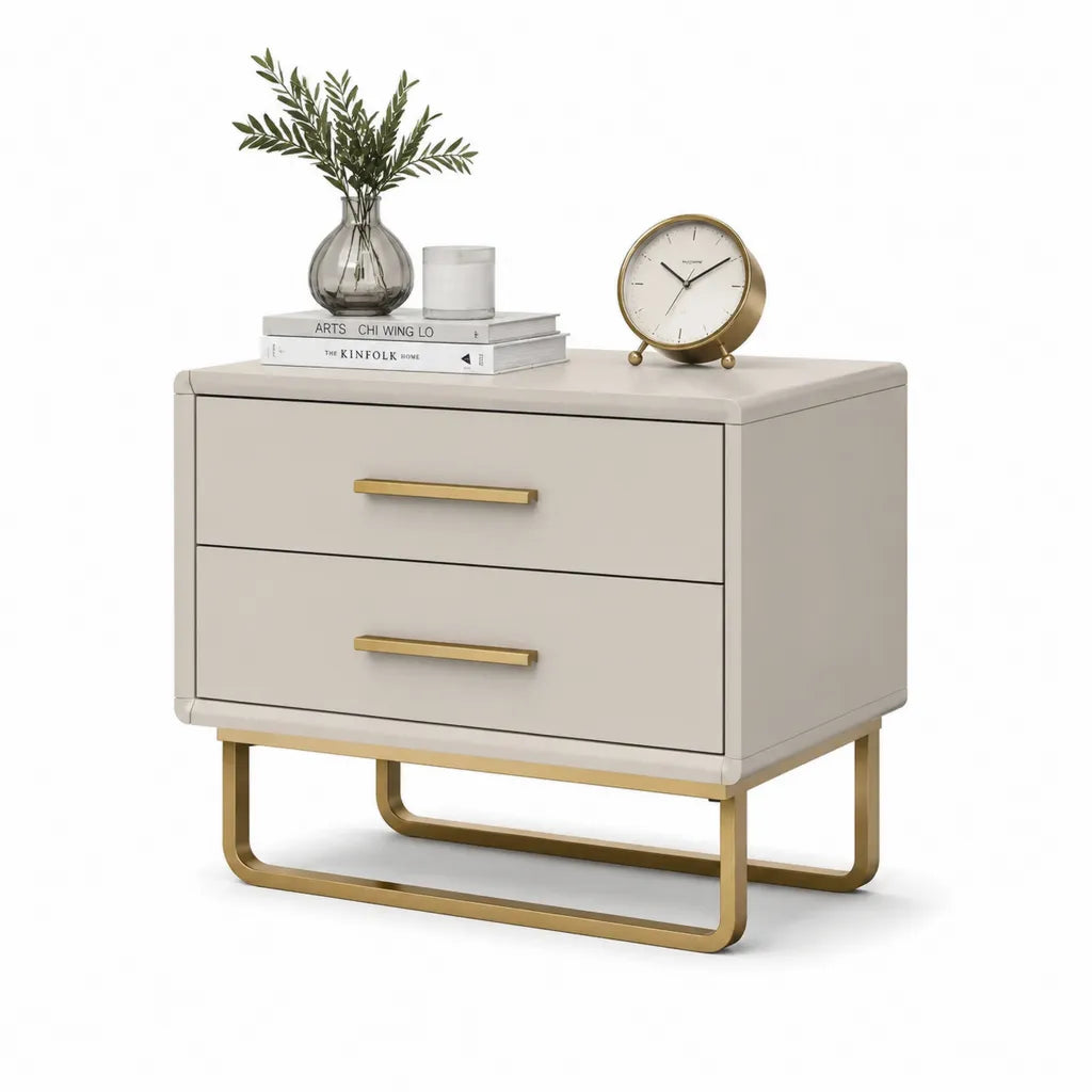 Comodino 2 Cassetti in MDF Rettangolare Avorio con Base in Acciaio Oro 60 x 40 x 55 cm