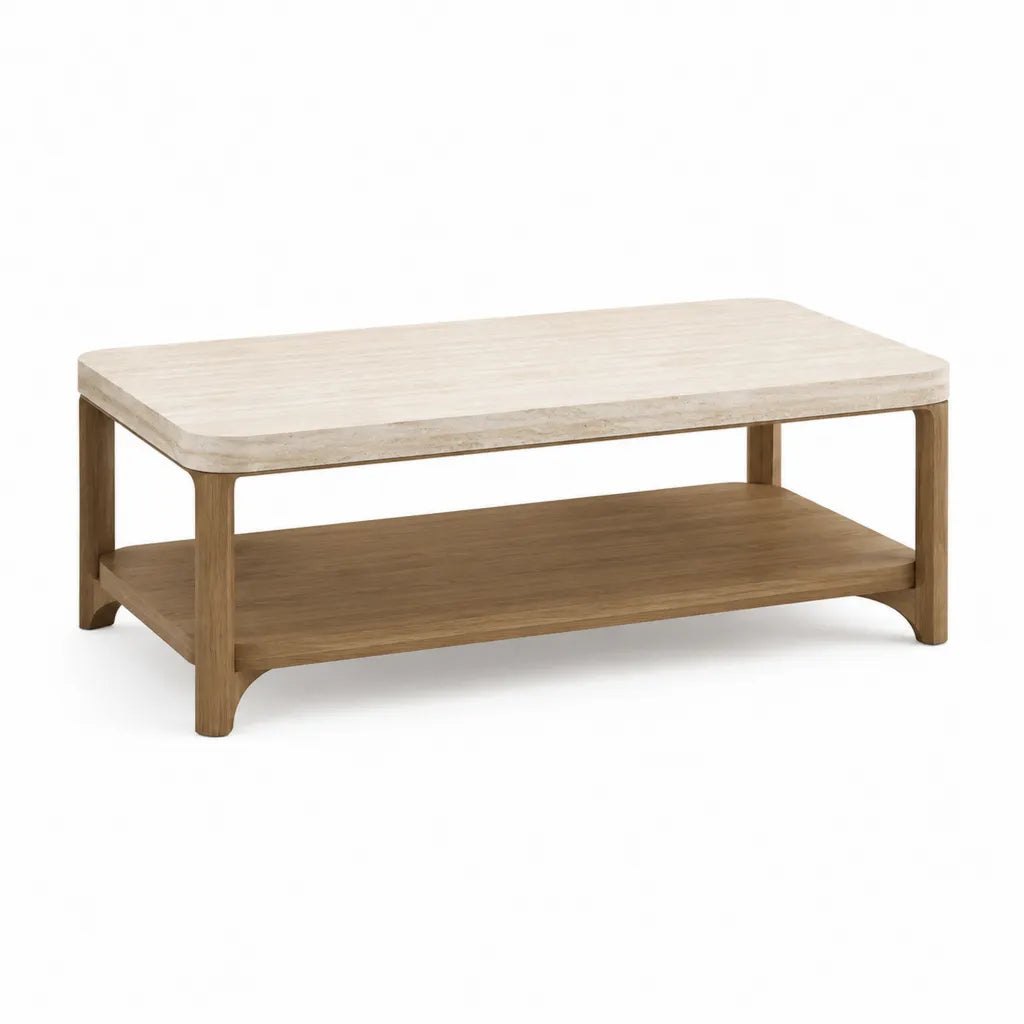 Tavolino da caffe rettangolare 120 x 60 x 45 cm in travertino e legno massello di quercia marrone naturale