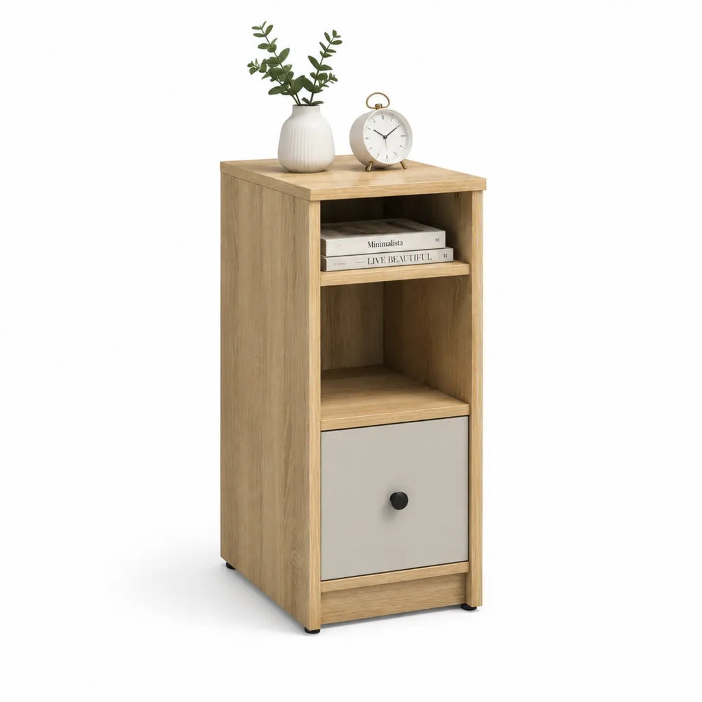 Comodino alto con cassetto e 2 vani in truciolare nobilitato rovere e beige 40 x 35 x 80 cm