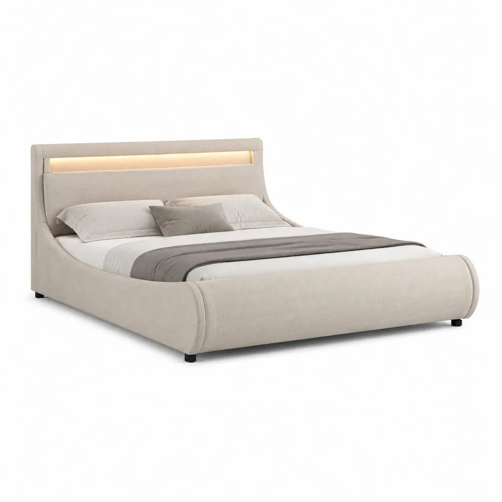 Letto matrimoniale imbottito 180 x 200 cm in poliestere beige con testiera LED