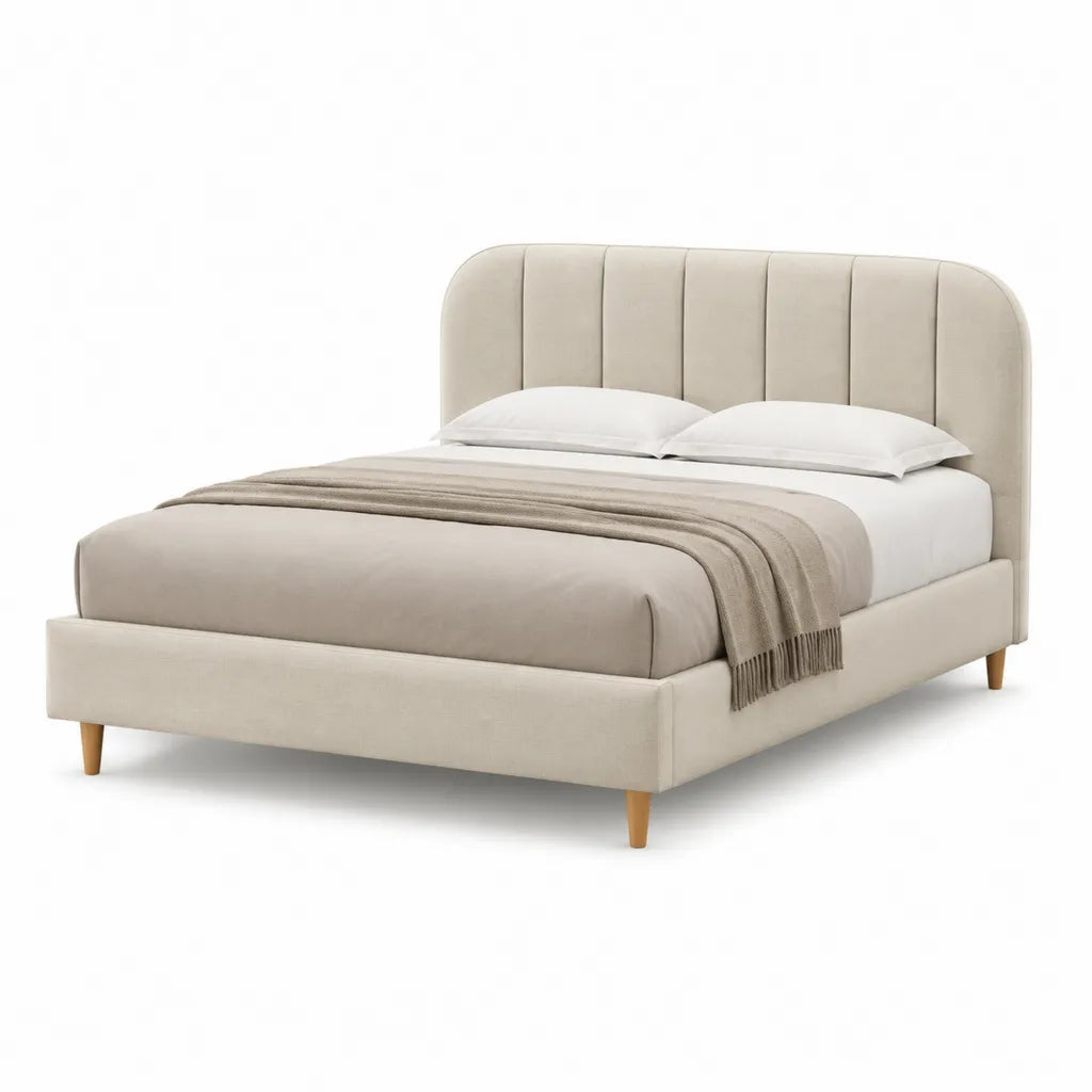 Letto matrimoniale imbottito con testiera arrotondata in poliestere beige 160 x 200 cm