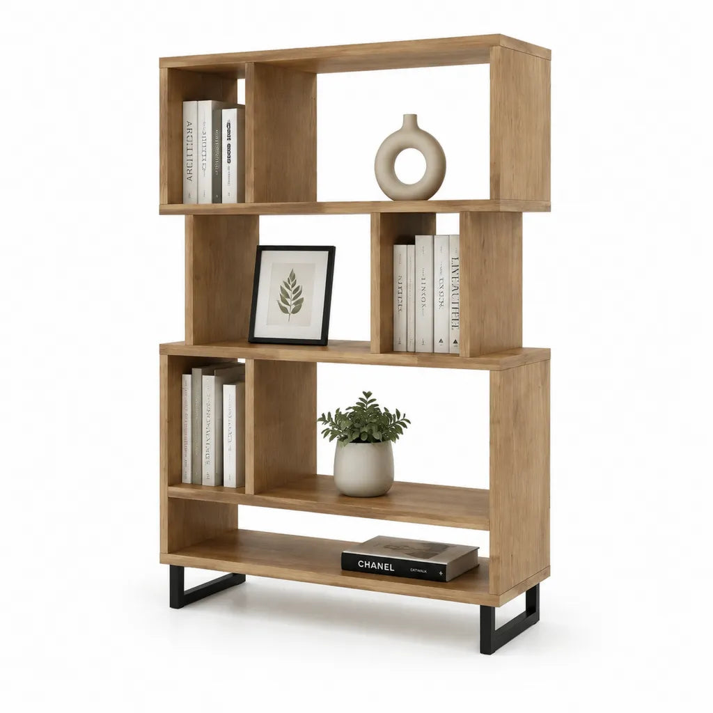 Libreria a giorno autoportante rettangolare in pannelli truciolari effetto rovere con piedi in acciaio nero 80 x 30 x 150 cm