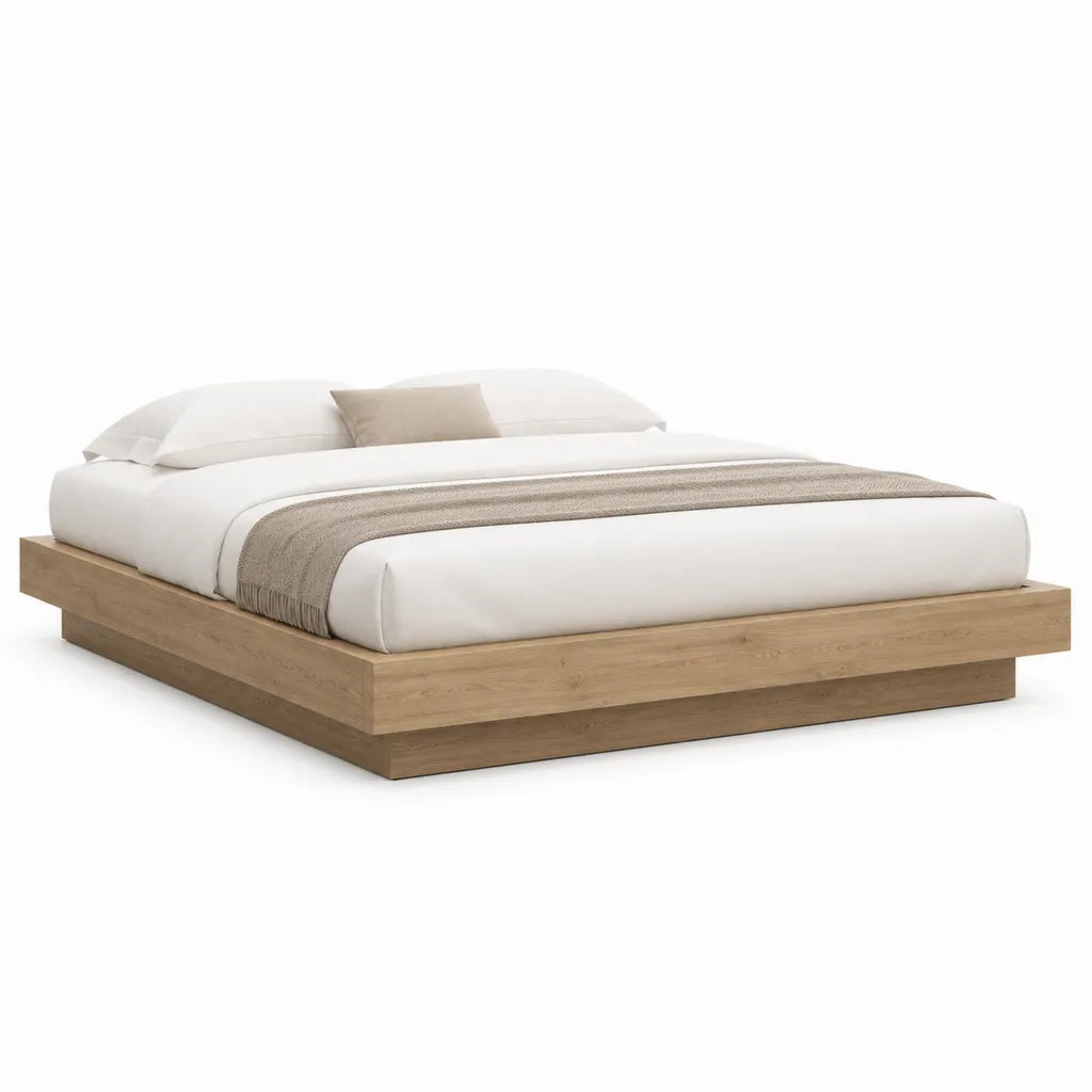 Letto matrimoniale con struttura piattaforma in MDF impiallacciato rovere 160 x 200 cm beige