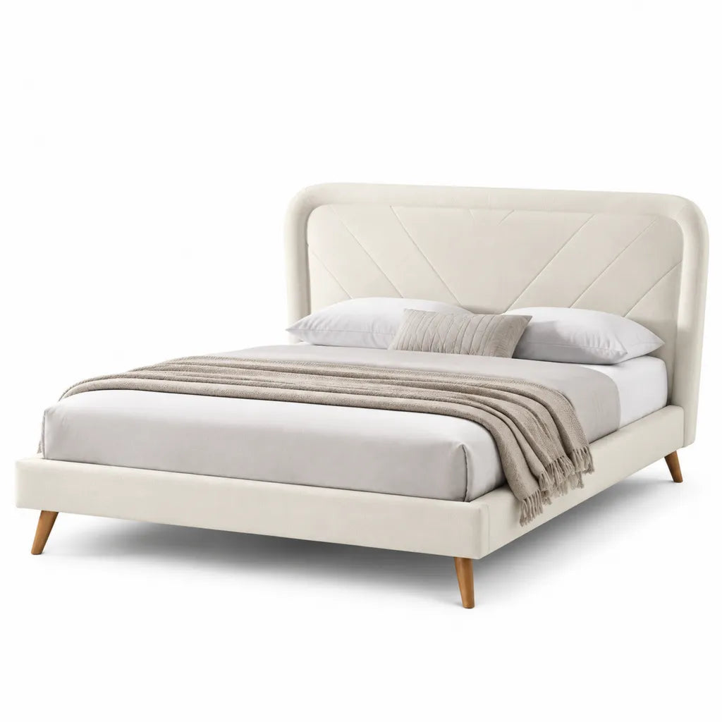 Letto matrimoniale imbottito 160 x 200 cm in poliestere crema con testiera arrotondata e piedi in legno massello