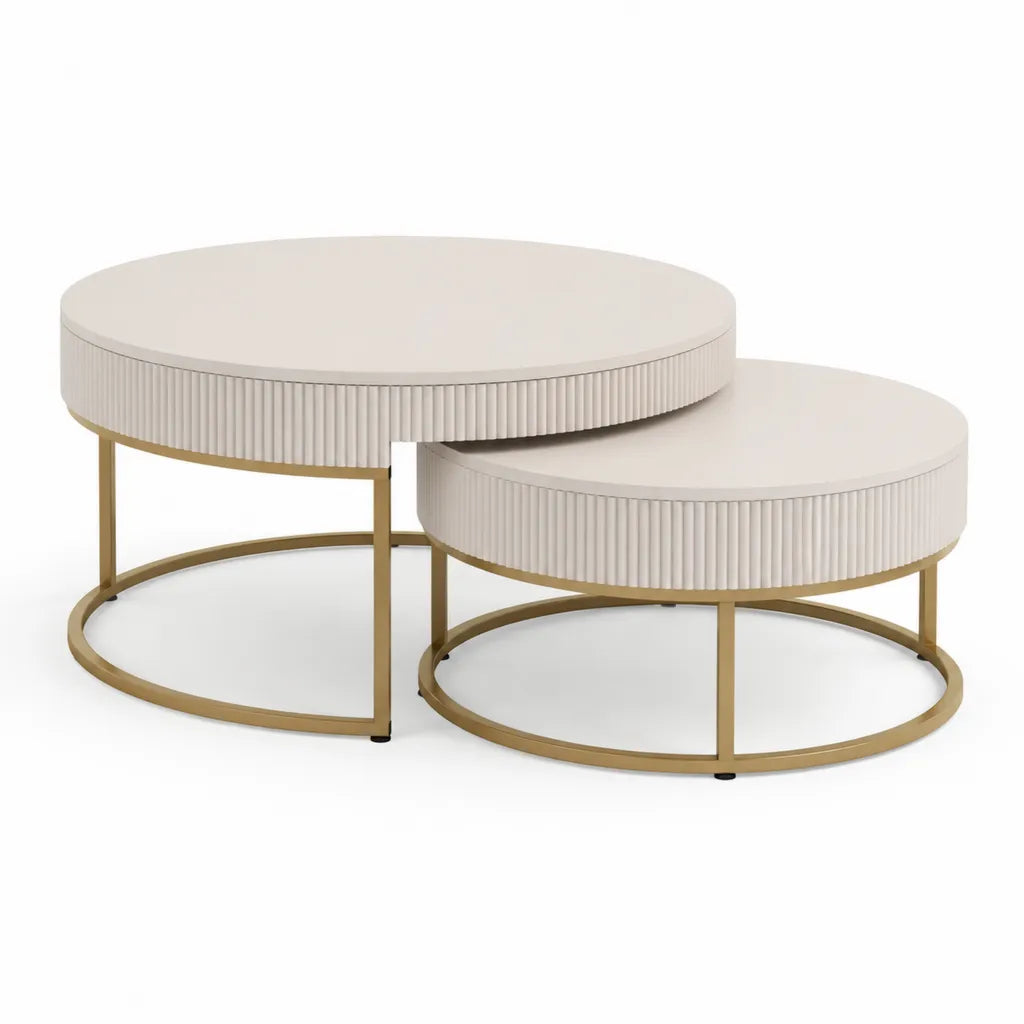 Set di 2 tavolini da caffe rotondi in MDF bianco con struttura in acciaio dorato O80 x 45 cm e O60 x 35 cm