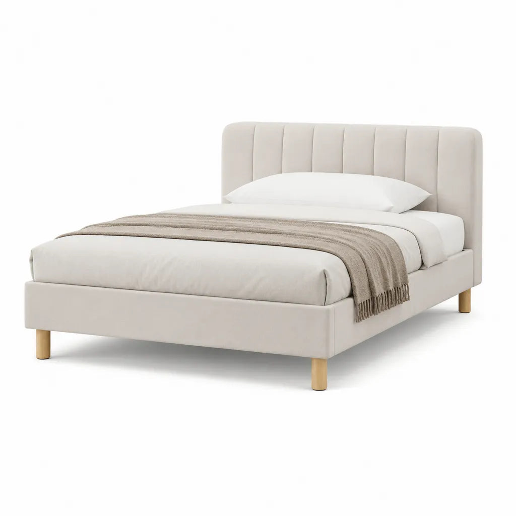 Letto matrimoniale imbottito 160 x 200 cm in poliestere beige con testiera curva e gambe in legno massello