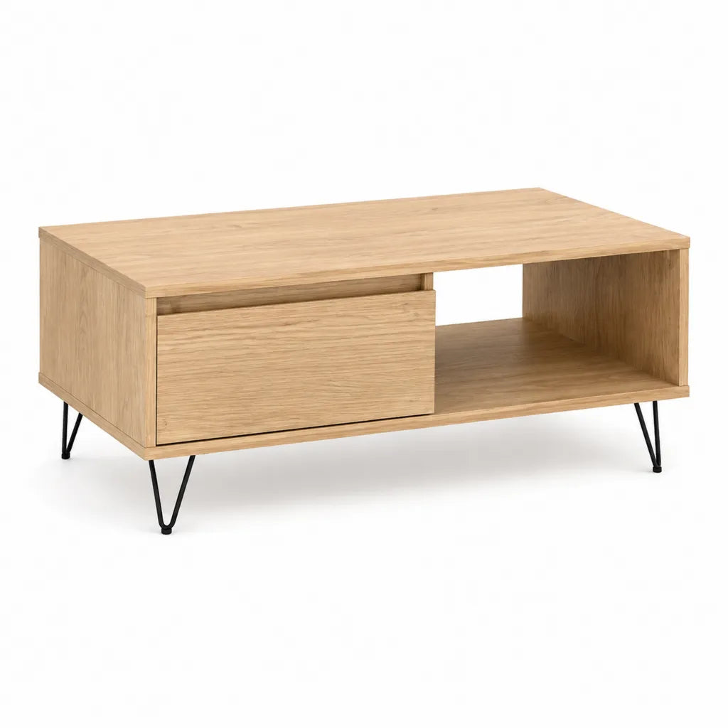 Tavolino da caffe con cassetto e vano aperto 100 x 60 x 45 cm in MDF impiallacciato rovere naturale