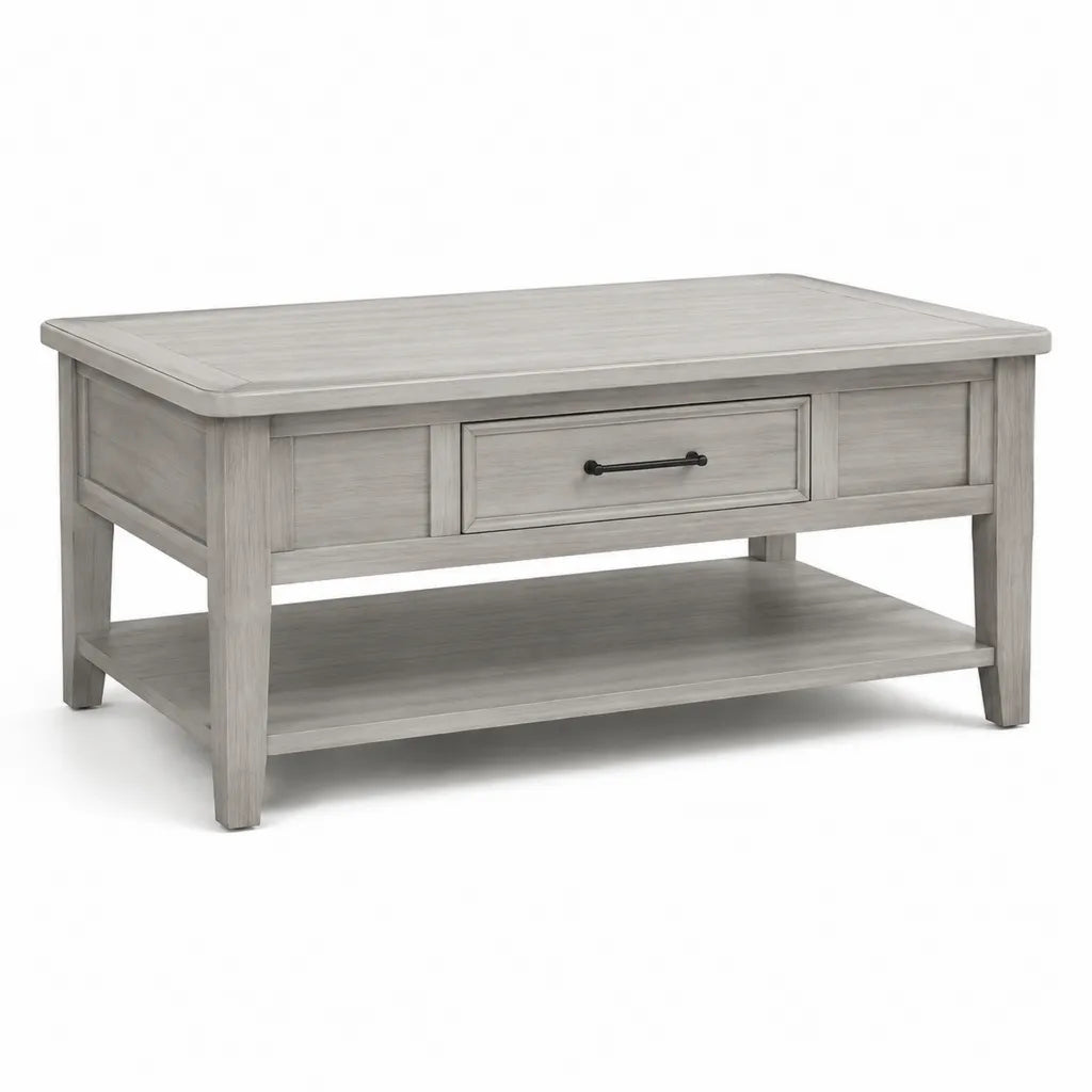 Tavolino da caffe rettangolare con cassetto e ripiano in legno massello grigio 110 x 60 x 50 cm