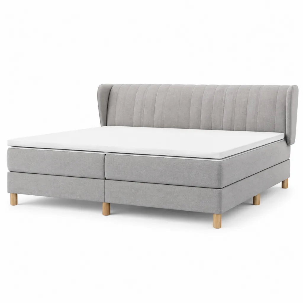 Letto boxspring matrimoniale con testiera imbottita 160 x 200 cm in poliestere grigio chiaro rettangolare