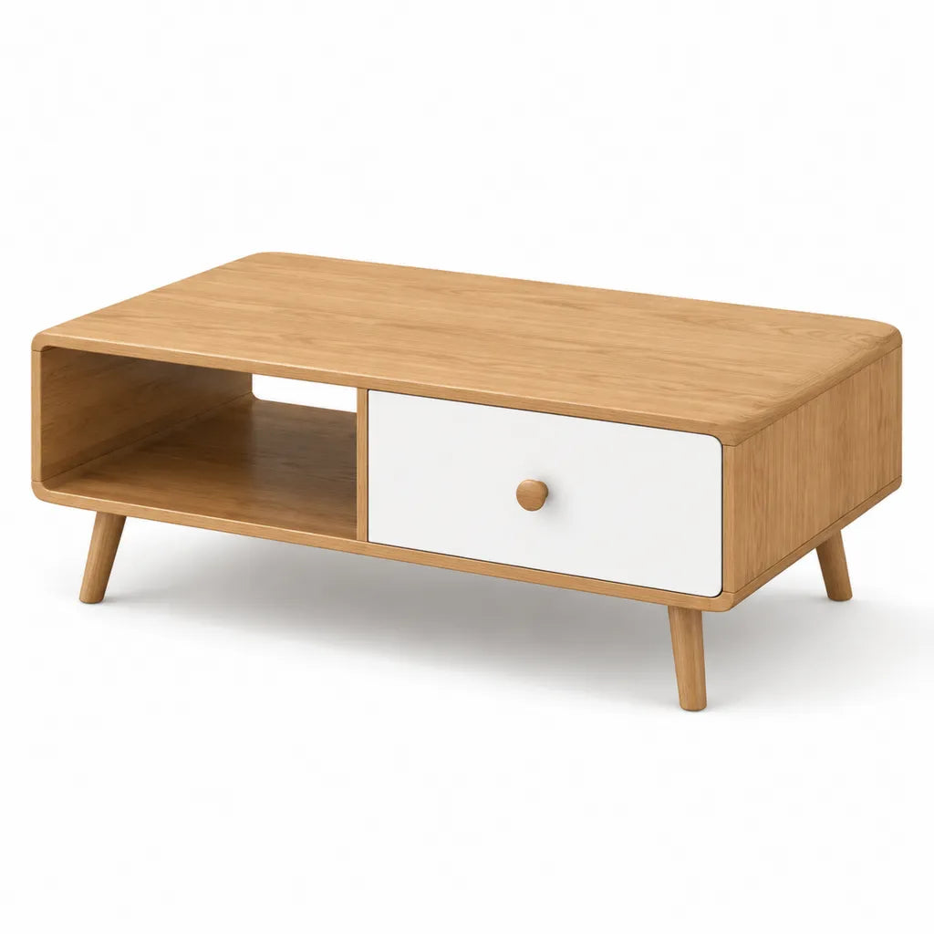 Tavolino da caffe con cassetto e vano aperto 100 x 50 x 45 cm in MDF impiallacciato rovere rettangolare naturale bianco
