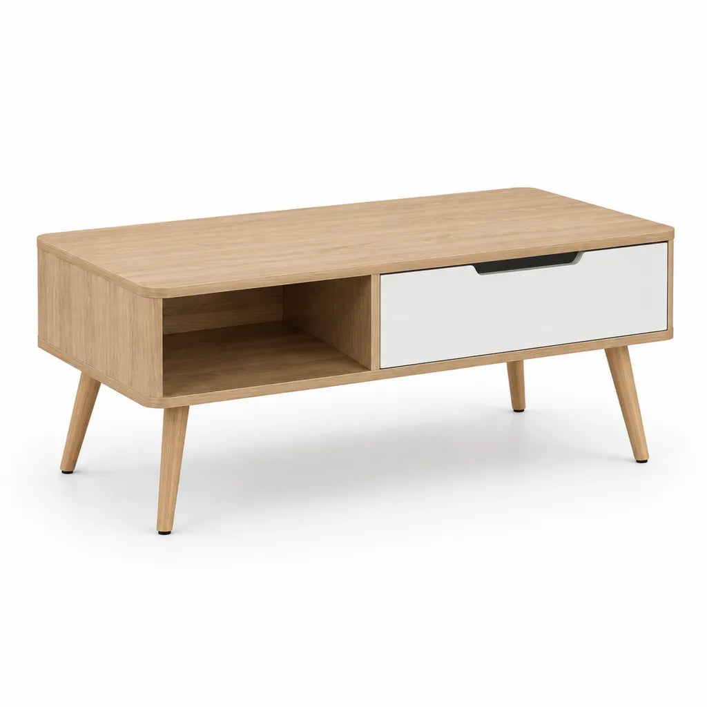Tavolino da caffe rettangolare con cassetto 100 x 50 x 45 cm in MDF impiallacciato rovere e bianco