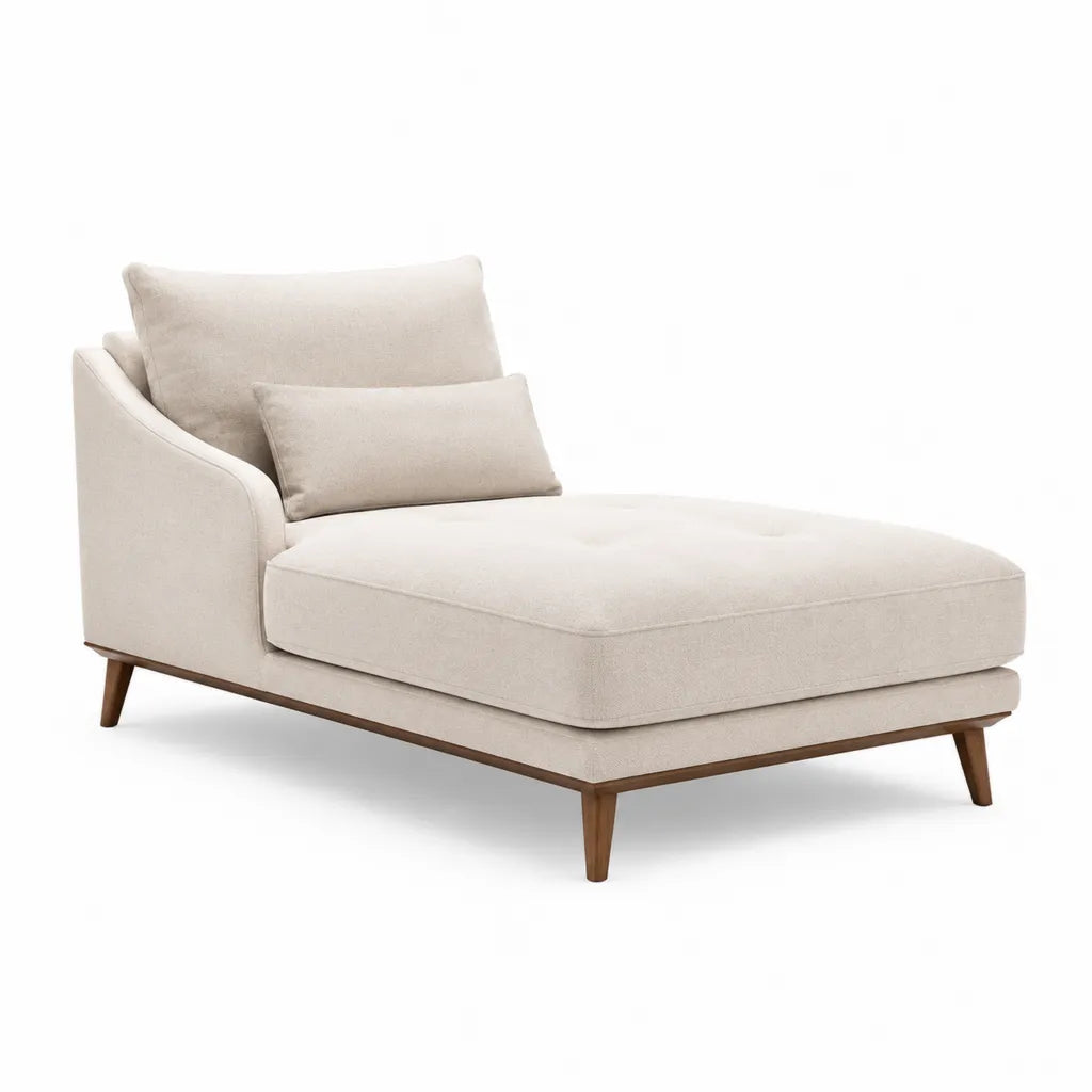 Meridienne imbottita con bracciolo sinistro in poliestere beige e gambe in legno massello 160 x 90 x 82 cm