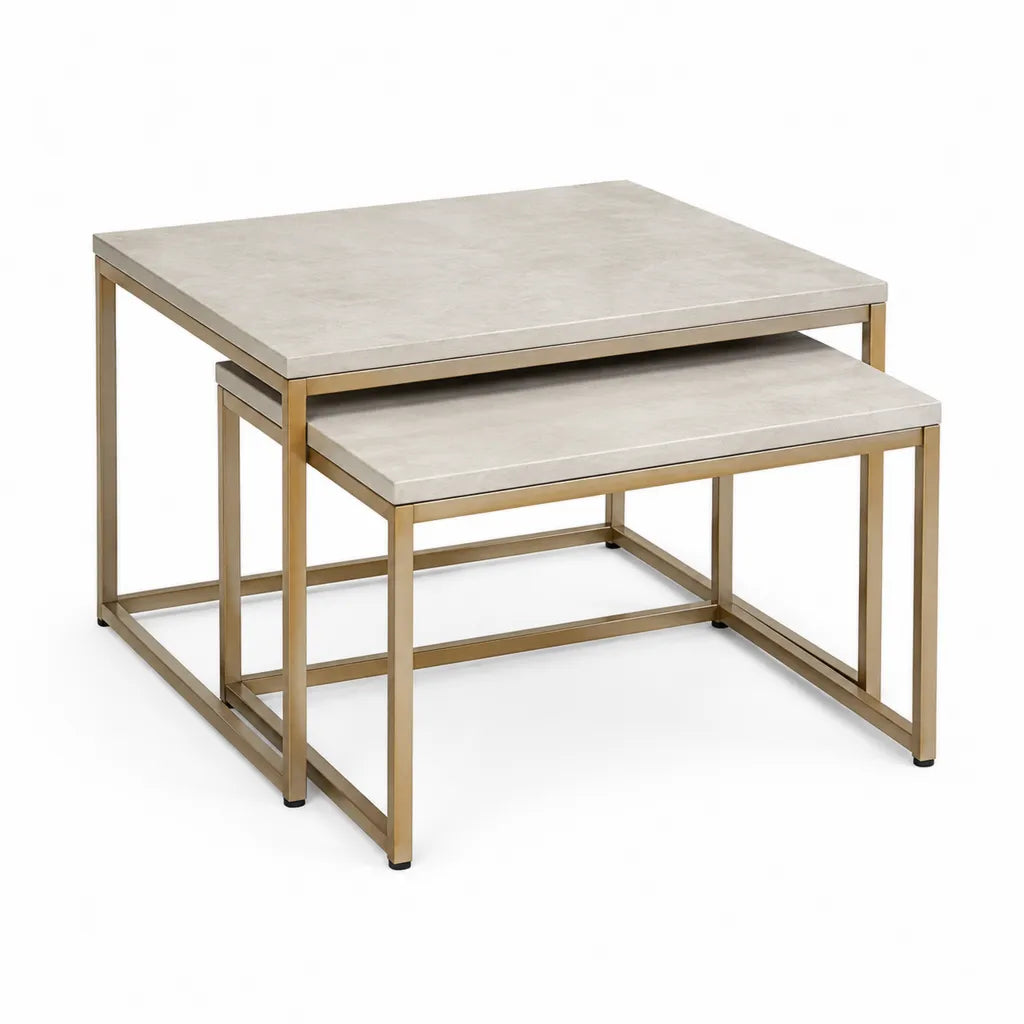Set di 2 tavolini da caffe quadrati in pietra sinterizzata effetto marmo con struttura in acciaio inox oro 80 x 80 x 45 cm e 70 x 70 x 38 cm