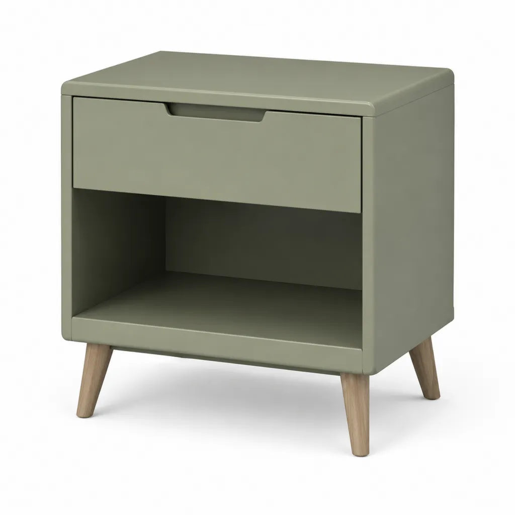 Comodino con 1 cassetto e vano aperto rettangolare verde salvia in MDF e legno massello di gomma 45 x 40 x 55 cm
