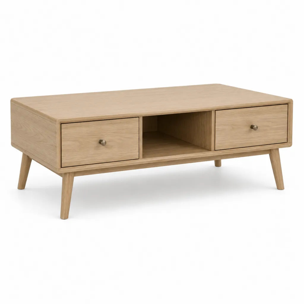 Tavolino da caffe rettangolare 100 x 50 x 45 cm in MDF impiallacciato rovere naturale con 2 cassetti