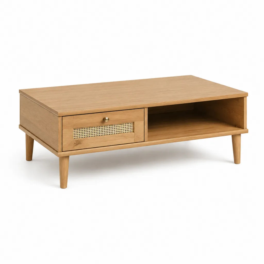 Tavolino da caffe rettangolare in rovere con cassetto vano a giorno e inserto in rattan 100 x 50 x 45 cm naturale