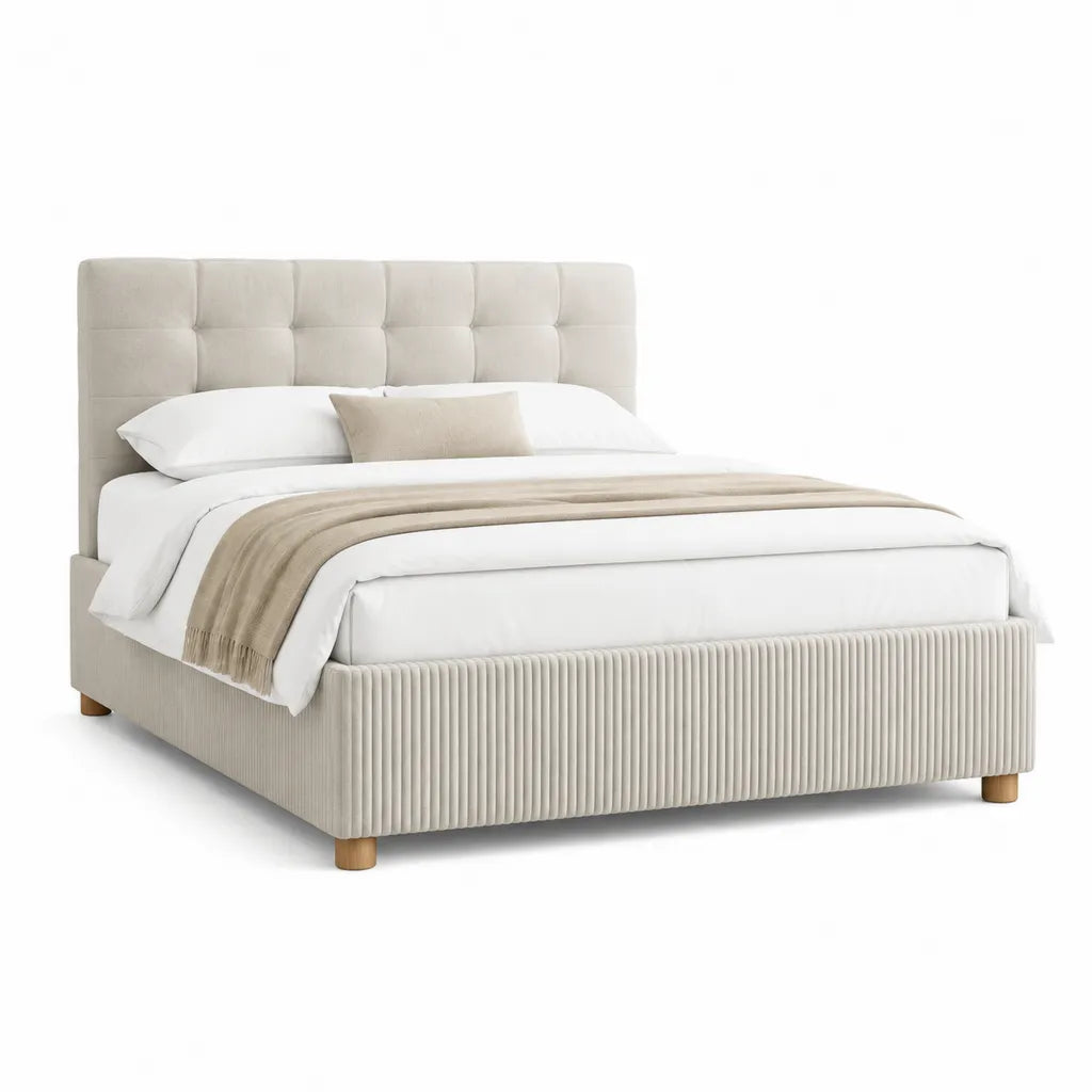 Letto matrimoniale imbottito 160 x 200 cm in poliestere beige con testiera capitonne