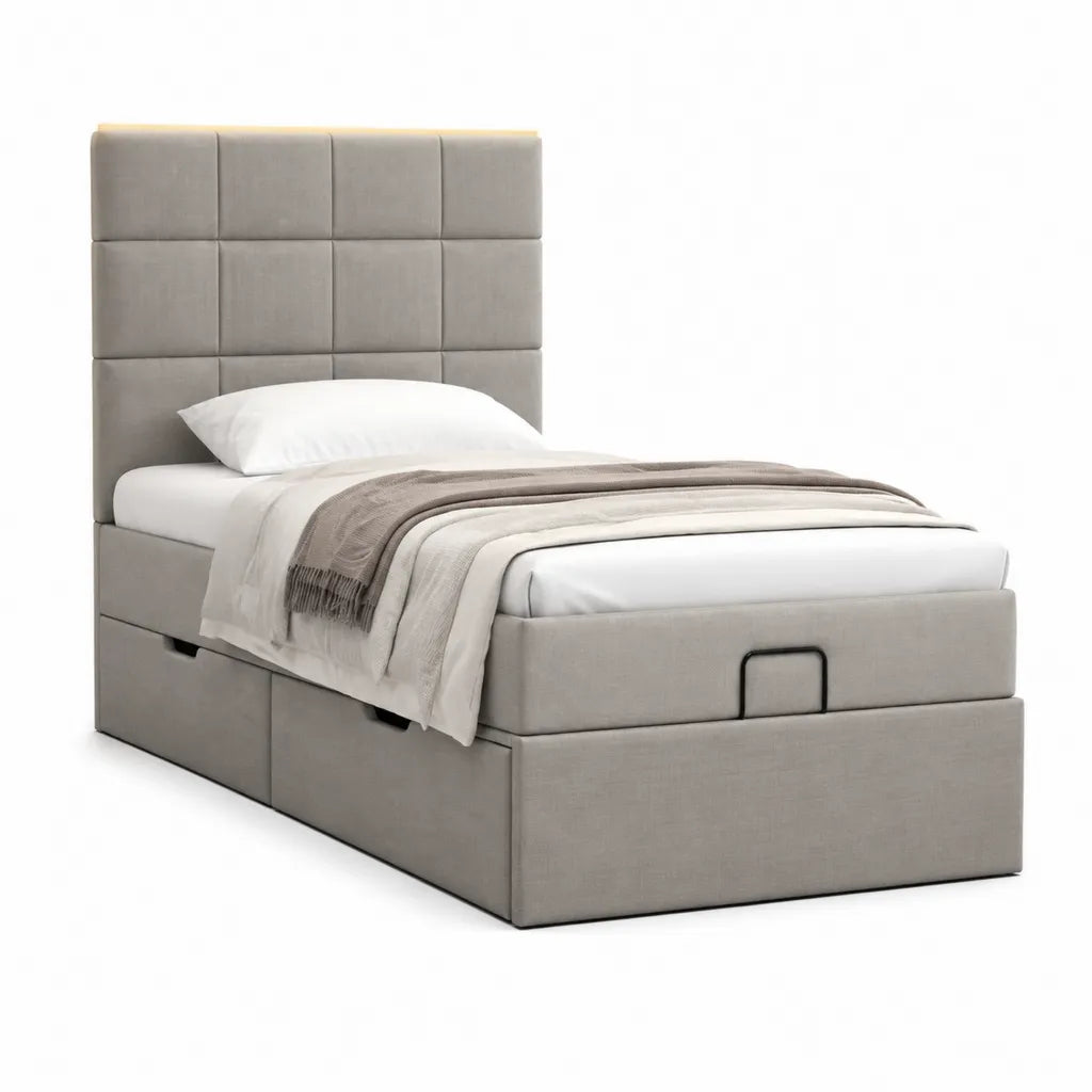 Letto singolo contenitore imbottito con 3 cassetti in poliestere grigio rettangolare 90 x 190 cm