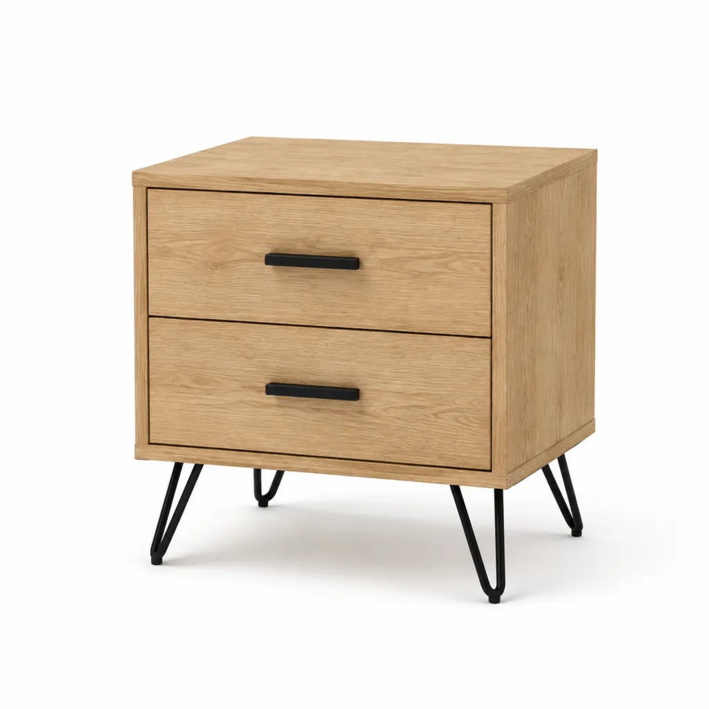 Comodino 2 Cassetti in Pannello Truciolare Rovere Naturale con Gambe in Acciaio Nero 50 x 40 x 55 cm