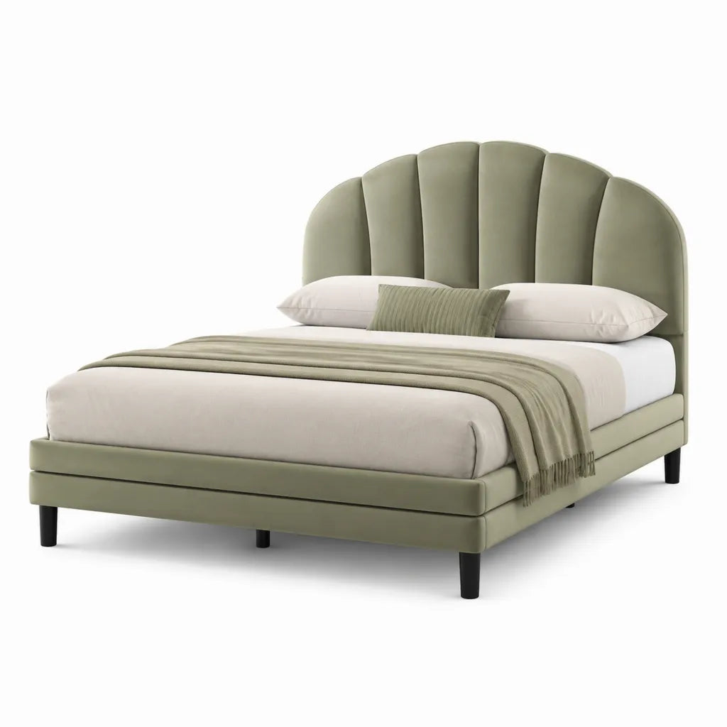 Letto matrimoniale imbottito 160 x 200 cm in poliestere verde salvia con testiera a ventaglio