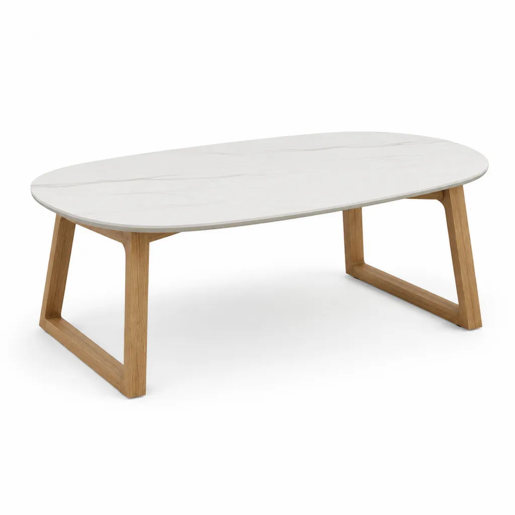Tavolino da caffe ovale 120 x 60 x 45 cm con piano effetto marmo bianco e gambe in legno massello di rovere