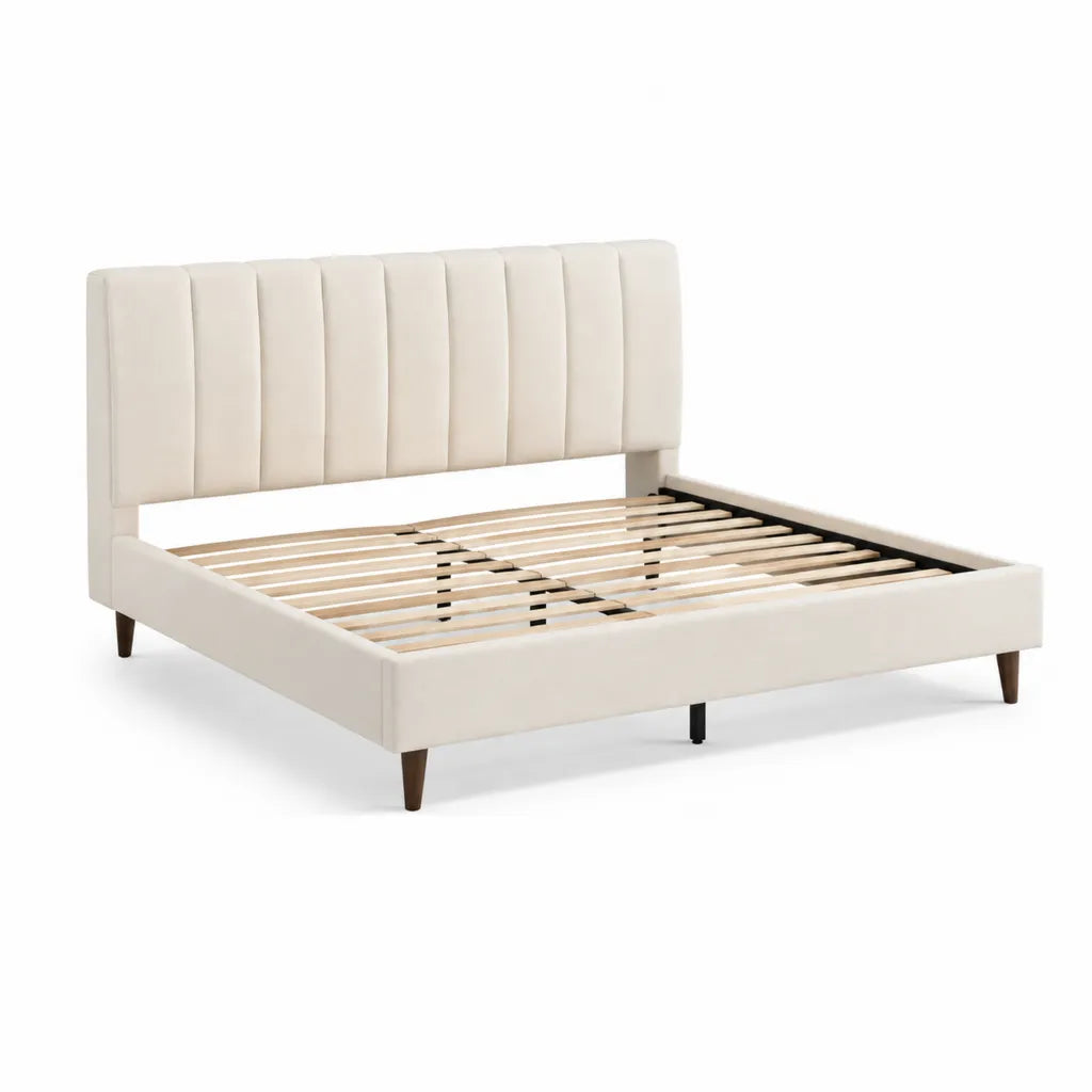 Letto matrimoniale con rete a doghe 160 x 200 cm in PU crema con testiera imbottita