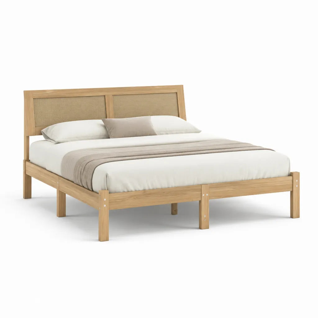 Letto matrimoniale rettangolare 160 x 200 cm in legno massello color rovere naturale con testiera in rattan