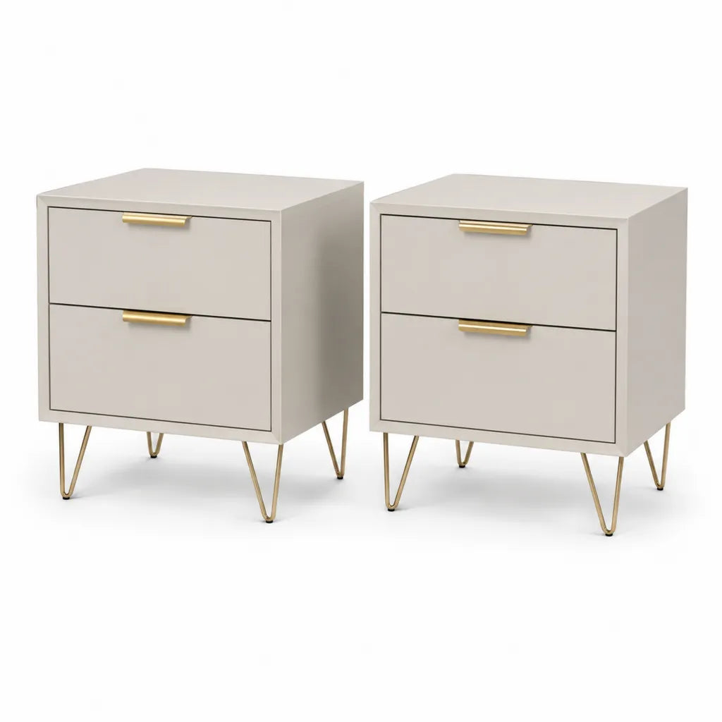 Comodini set di 2 con 2 cassetti in MDF rettangolari avorio e oro 45 x 35 x 55 cm
