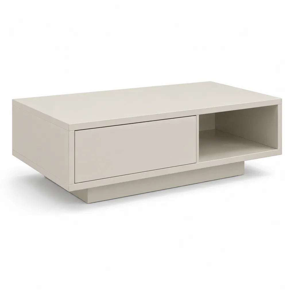 Tavolino da caffe con cassetto e vano a giorno in MDF rettangolare bianco crema 100 x 60 x 35 cm