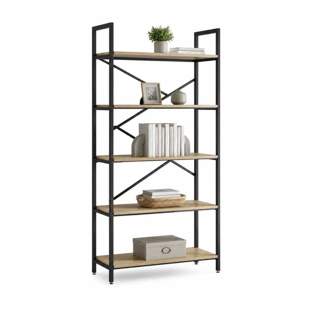 Libreria a 5 ripiani 80 x 30 x 180 cm in pannello truciolare melaminico effetto rovere e acciaio nero