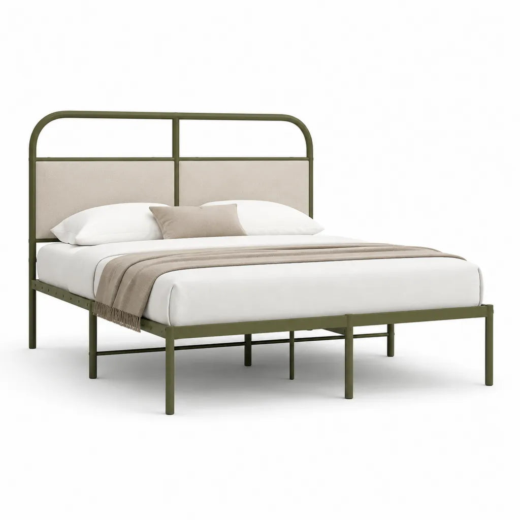 Letto matrimoniale con struttura in acciaio verniciato verde e testiera imbottita beige 160 x 200 cm