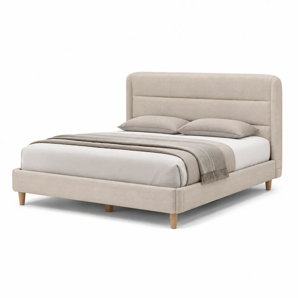 Letto matrimoniale imbottito 160 x 200 cm in poliestere beige con testiera rettangolare e piedi in legno massello