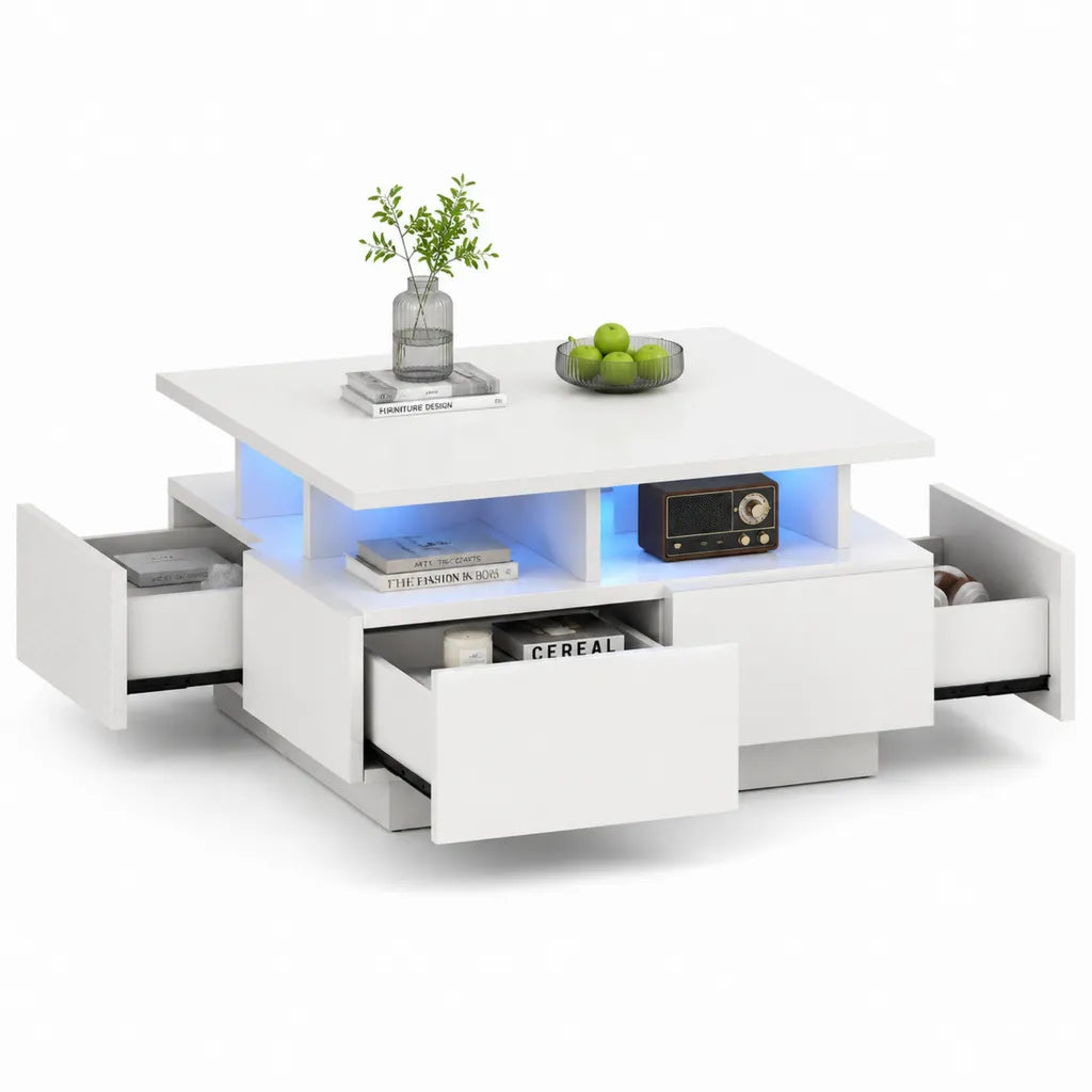 Tavolino da caffe quadrato con 3 cassetti e LED 100 x 100 x 45 cm in MDF bianco
